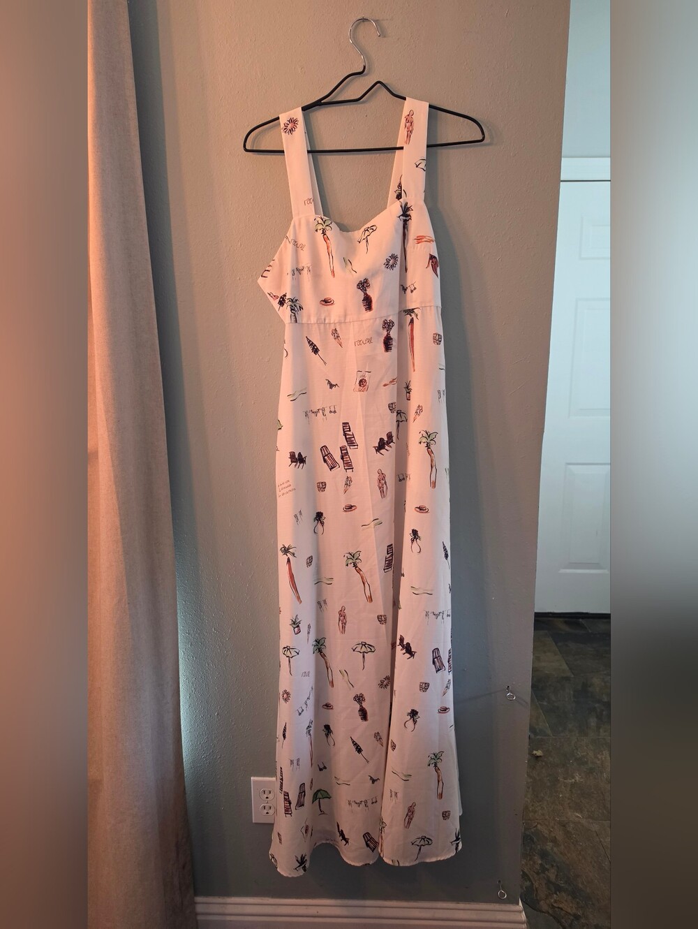 Commense White Sketch Print Tie Back Maxi Dress L Resort Vacation Cottagecore